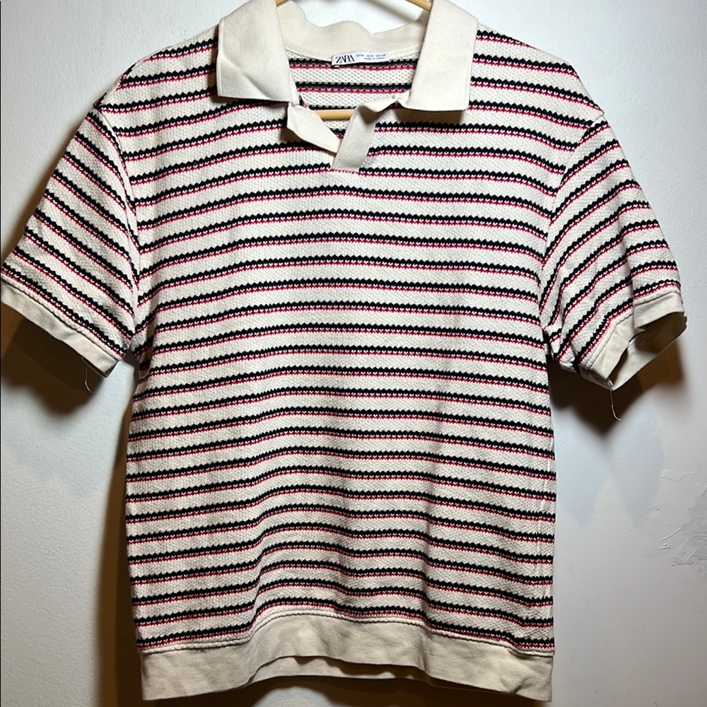 Zara Cream Red Knit Collared Short Sleeve Polo Pullover Sweater Top Size M